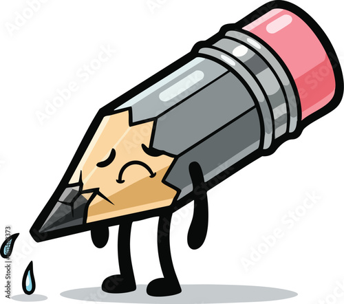 Sad Cartoon Pencil Character Crying Droplets Sadness Emotion on White Background