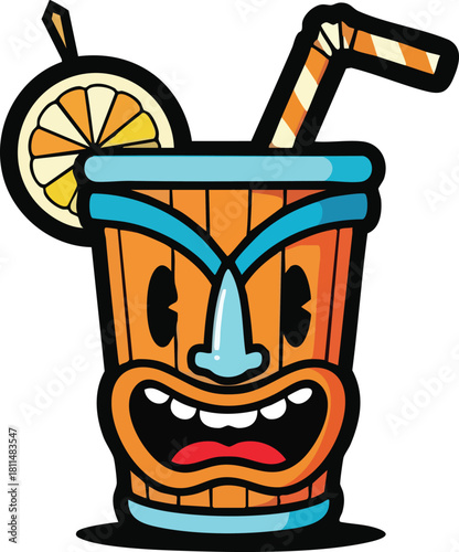 Orange Tiki Cocktail With A Straw And Lemon Slice And Cartoon Face In Vector Art