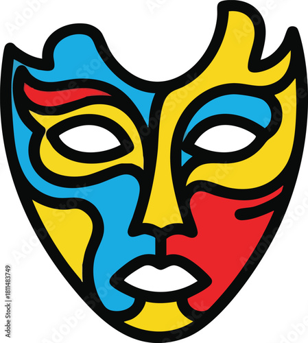 Abstract Venetian Masquerade Mask With Blue Yellow Red And Black Details And Bold Outline On White Background
