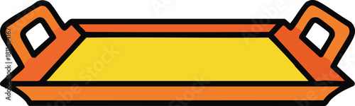Orange and yellow cartoonish tray with handles and black outline on white background
