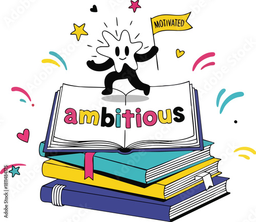Cartoon Star Character Standing on Stacked Books Holding Motivated Flag Celebrating Ambition and Achievement