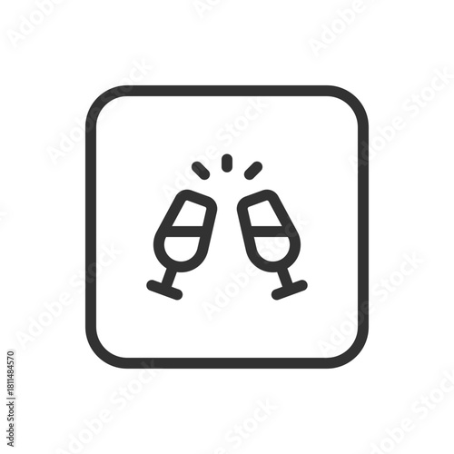 Romance, Wedding Champagne Glasses line icon – two clinking flutes with heart outline for wedding toast, Valentine’s Day, romantic celebration UI