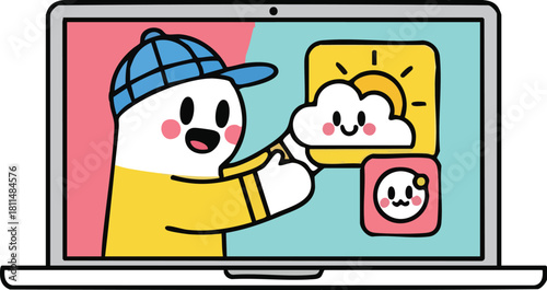 Cute cartoon character wearing a blue hat and yellow shirt pointing at a weather icon on a laptop screen with pastel backgrounds