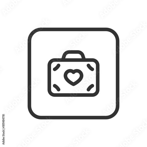 Romance, Wedding Suitcase line icon – elegant suitcase with heart and travel tags outline for honeymoon trip, romantic getaway, wedding journey UI