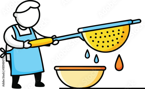 Cook Wearing Blue Apron Draining Water From Pasta With Yellow Handle Strainer Into Bowl