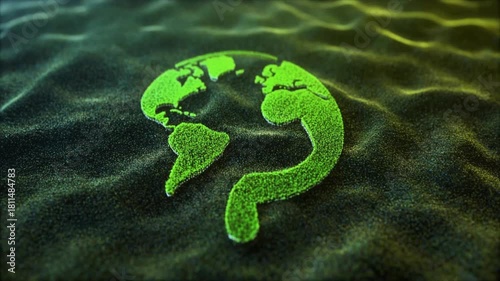 Green Earth continents shaped like a question mark on a dark textured surface, representing global environmental concerns and queries.