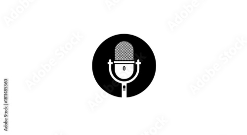 Vintage Microphone Icon on Black Circle Podcast, Recording Studio, Voice Overs, Radio Broadcasting Symbol
