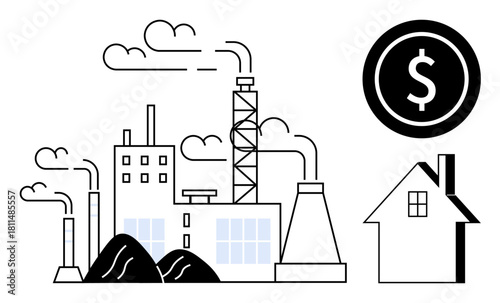 Factory emits smoke with machinery and chimney stacks, alongside a residential house and dollar sign. Ideal for energy, economy, environmental impact, pollution, industrialization, cost analysis