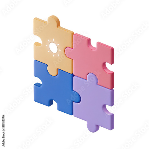 Four colorful puzzle pieces connected in teamwork concept with pastel colors and smooth texture
