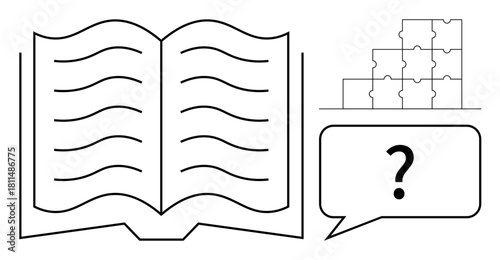 Knowledge concept. Open book, speech bubble, and puzzle pieces problem-solving skills, communication, and decision-making processes. For education, communication, learning materials problem-solving