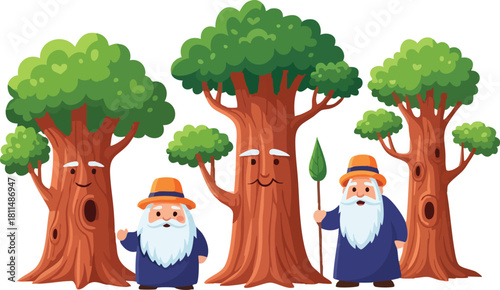 Three Cartoon Trees With Faces And Two Wizard Characters In Front Of Them Wearing Blue Robes And Orange Hats
