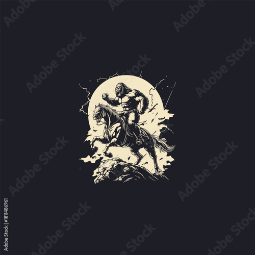 vector illustration of a massive, muscular gorilla or ape-like warrior fiercely riding a galloping horse over rocks, set dramatically against a large full moon and flashes of lightning