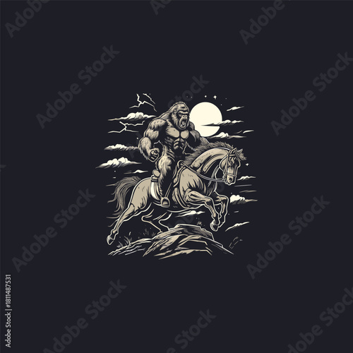 vector illustration depicting a powerful, muscular gorilla or ape-like warrior riding a horse aggressively across a rugged landscape under a cloudy, moonlit night sky