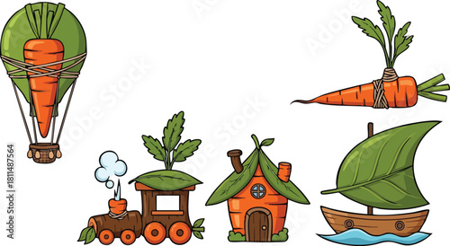 Whimsical Pixel Art Featuring Carrot Elements Hot Air Balloon Train House and Sailboat
