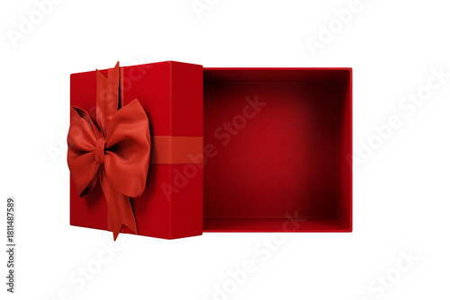 Open christmas gift box with red bow isolated on white background top view. New year holiday present with tie ribbon top view.