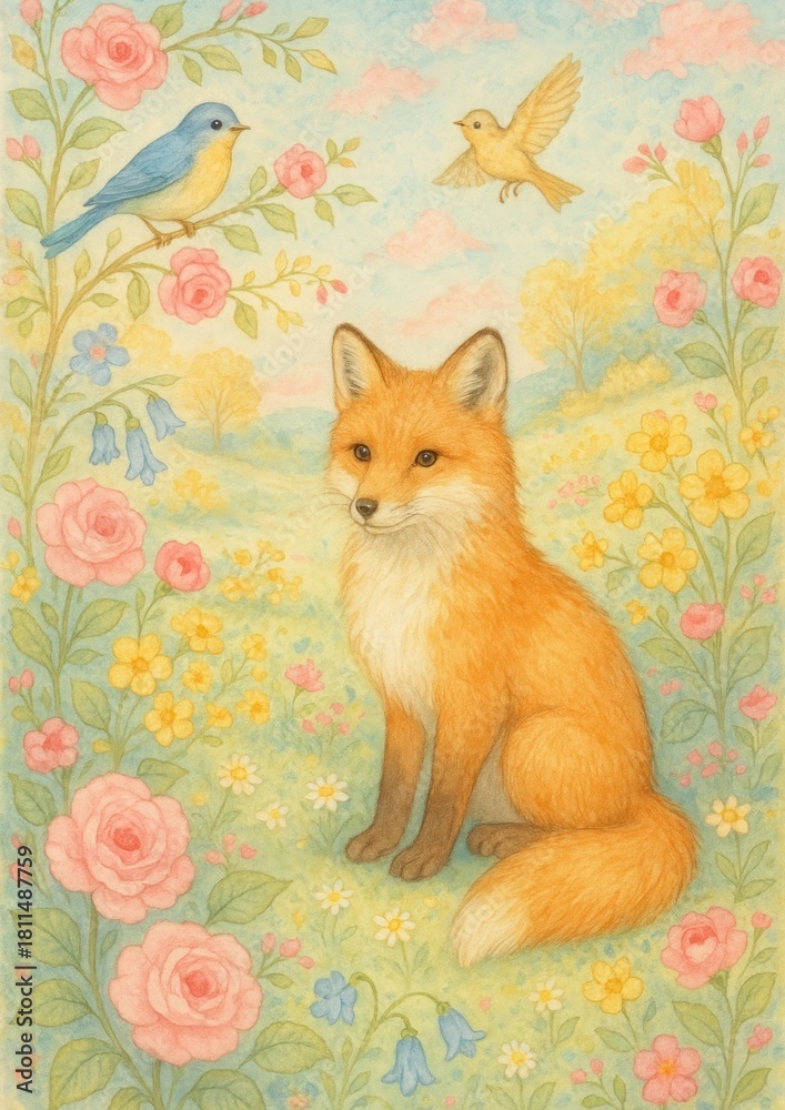Obraz premium Whimsical fox in floral meadow