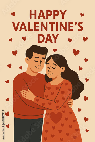 Happy valentine's day card with couple in love and hearts background for romantic valentine's day design vector illustration