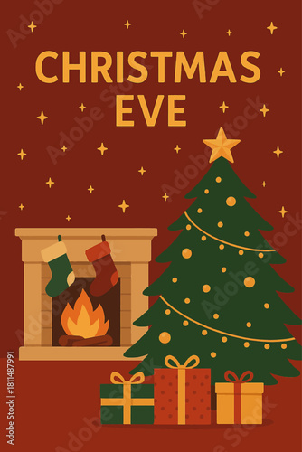 Christmas eve scene with tree gifts fireplace and stockings holiday celebration festive season christmas card vector illustration