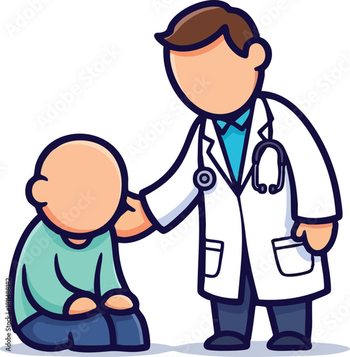 Doctor comforting patient with hand on shoulder in medical office examination room warm lighting caring gesture