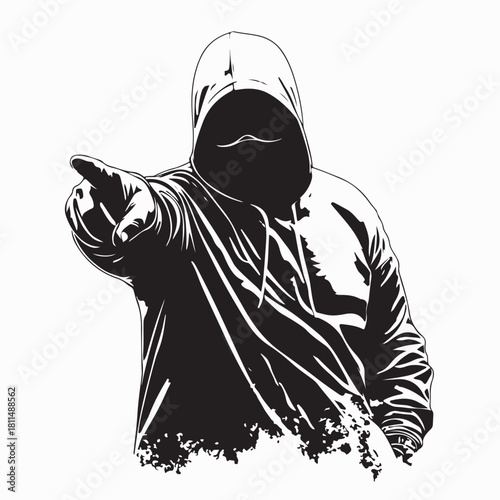 Mysterious Pointing Man in Hoodie Silhouette isolated on white background