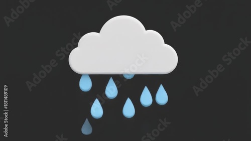 A simple 3D rendered illustration of a white cloud with blue raindrops falling against a dark background, symbolizing rainy weather.