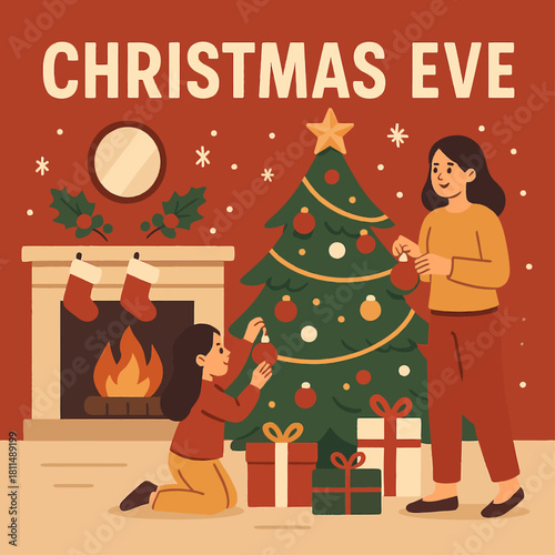Christmas eve family christmas tree christmas decoration holiday season gift giving christmas spirit fireplace vector illustration