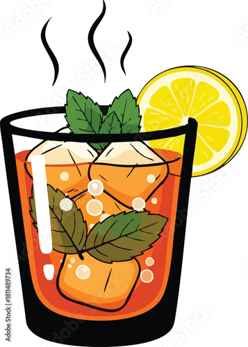 Refreshing Iced Tea With Lemon And Mint In A Glass With Ice Cubes And Steam Rising