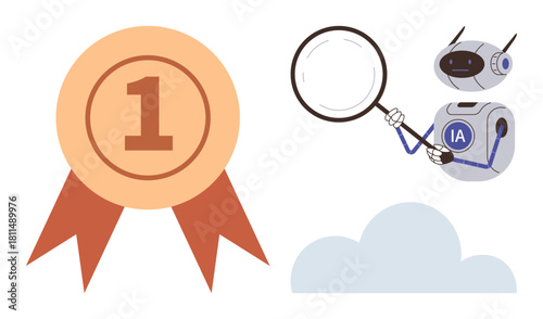 Award ribbon with number 1 alongside AI robot holding magnifier over cloud. Ideal for recognition, innovation, technology, AI analysis, achievement, cloud computing, simple flat metaphor