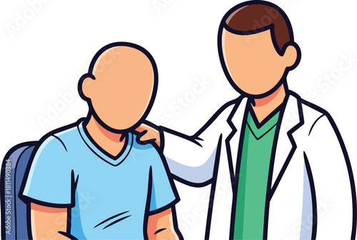 Doctor comforting patient with hand on shoulder in clinic setting illustration