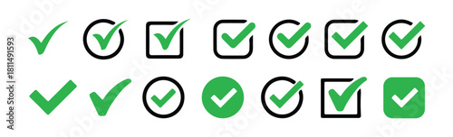 Set of black and green check mark icons approval sign checkbox ok yes complete concept