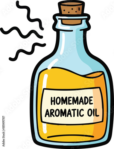 Clear Glass Bottle Filled With Golden Yellow Aromatic Oil With Homemade Label