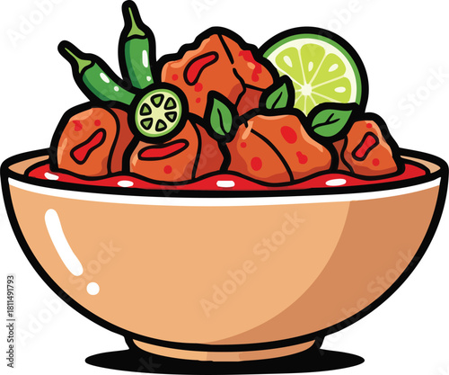 A Bowl of Spicy Red Curry With Chili Lime And Basil Garnishes