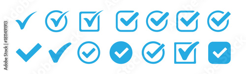 Set of blue check mark icons approval sign checkbox ok yes complete concept