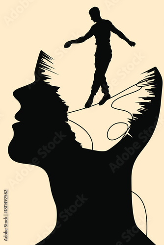 Surreal illustration of a person balancing on a tightrope stretched across a fractured head silhouette, symbolizing mental struggle, inner tension and emotional instability.