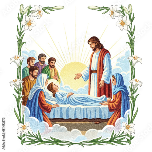 Jesus Christ blesses a young girl lying on a bed, surrounded by disciples and lilies.