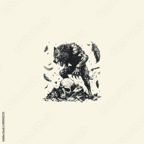 Ferocious werewolf illustration standing on a pile of human skulls and rocks with flying feathers in dark, detailed engraving style