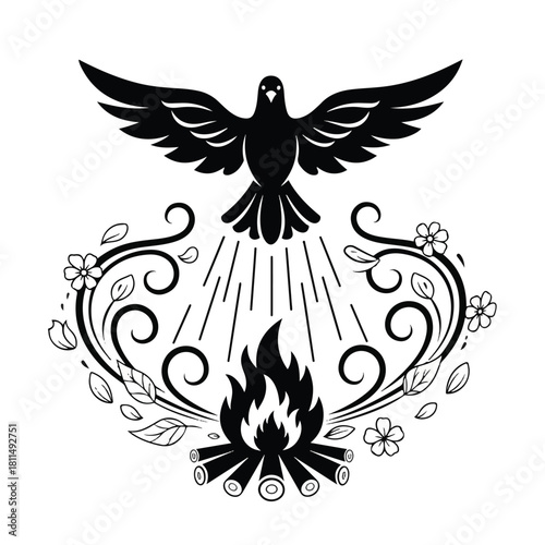 A stylized black and white illustration of a dove above a bonfire, with floral elements.