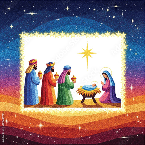 Illustration depicting the biblical scene of the Three Wise Men visiting baby Jesus.