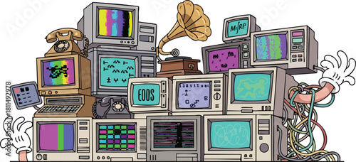 Retro Technology Collection With Vintage Computer Monitors And An Old Gramophone In A Pile
