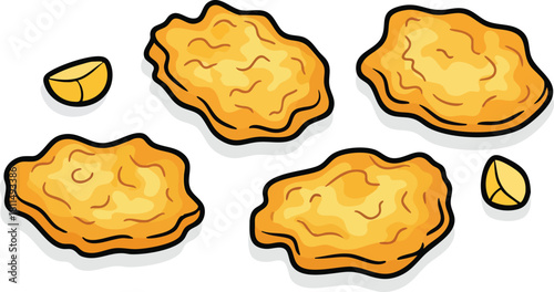 Crispy Golden Chicken Nuggets Scattered on a White Background Isolated
