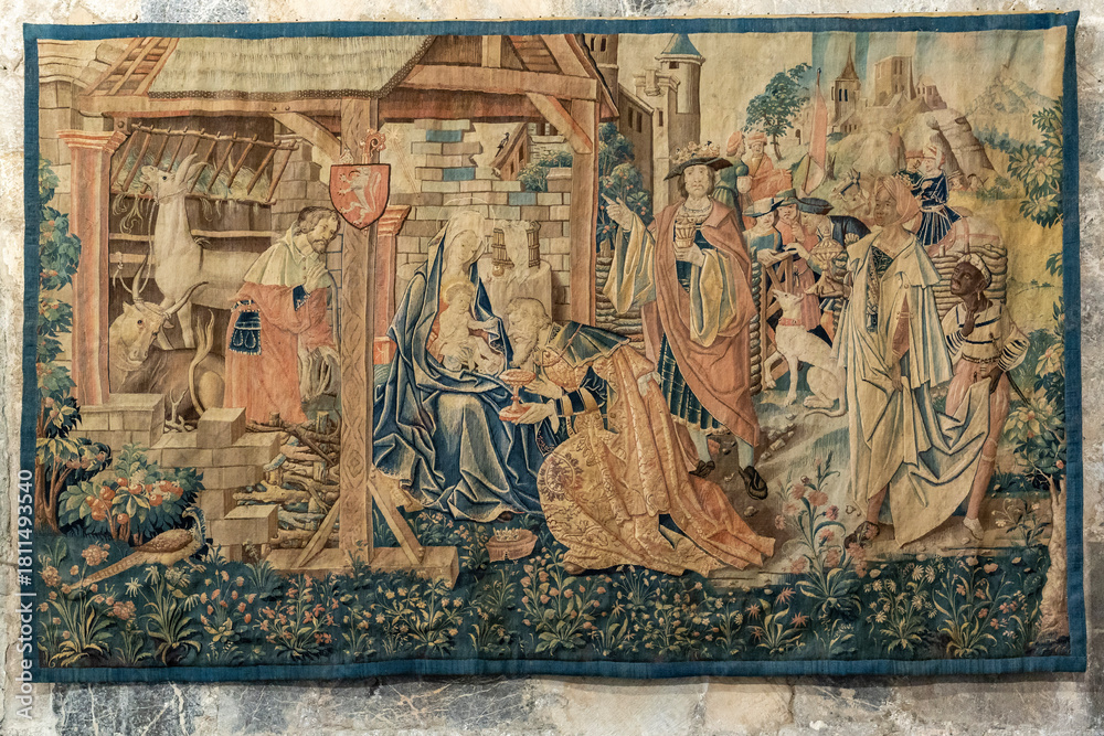 Naklejka premium Flemish tapestry depicting the adoration of the Magi, cathedral of Our Lady of Saint-Bertrand de Comminges, Haute-Garonne, Midi-Pyrénées region, France
