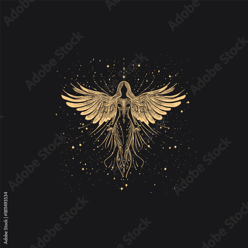 Mystical celestial winged spirit or angel illustration with glowing roots and sparkling particles in a vintage engraving style