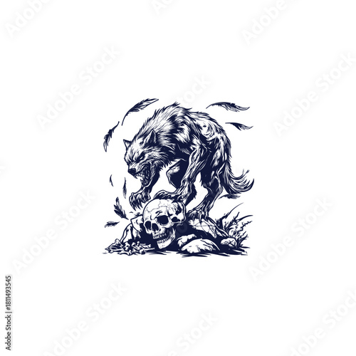 Ferocious werewolf illustration standing on a pile of human skulls and rocks with flying feathers in dark, detailed engraving style