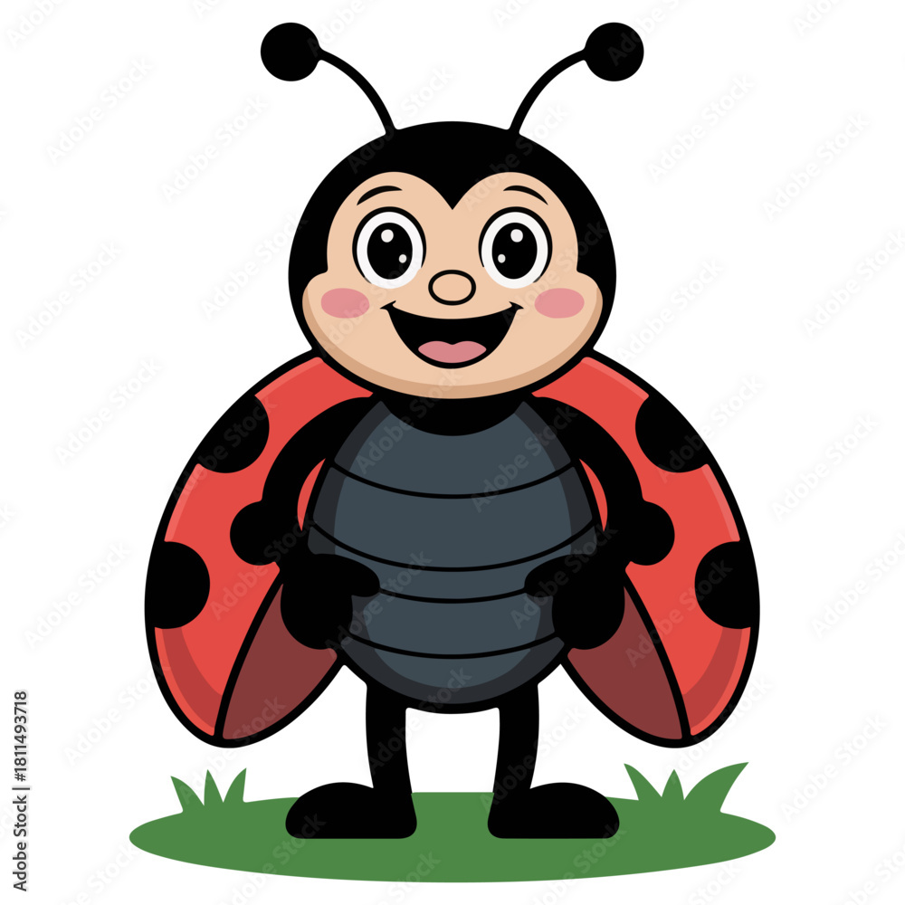 Obraz premium A happy cartoon ladybug with big smile. The ladybug has a red and black shell with cute antenna and smiling face 
