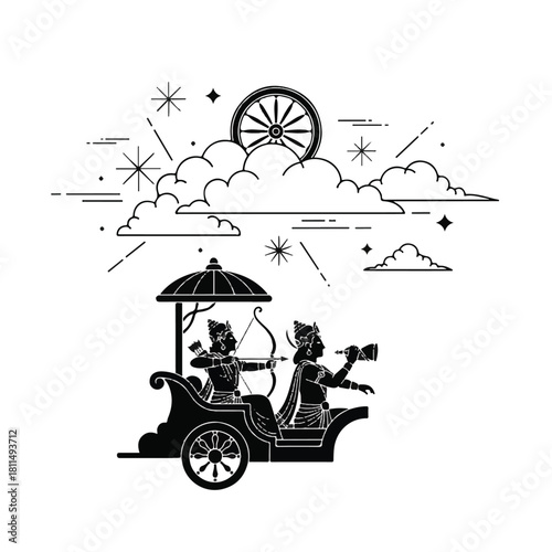 An illustration depicting two figures in a chariot, aiming bow and looking forward, with celestial elements.