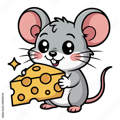 A cute mouse holding a slice of cheese with a happy expression 