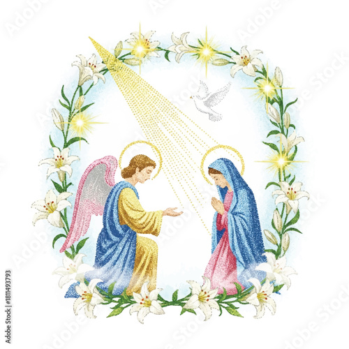 An angel kneels before Mary, announcing the divine conception, surrounded by lilies.