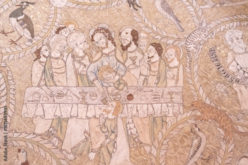 Obraz premium scene from the Passion of Christ, Passion cloak of Saint Bertrand of Comminges, 14th century, embroidered fabric, cathedral of Our Lady , Haute-Garonne,France