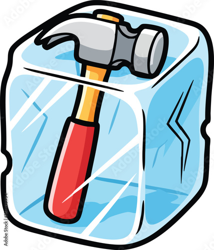 Hammer Frozen In Ice Block With Red Handle And Yellow Shaft