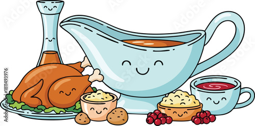 Thanksgiving Feast With Cute Cartoon Turkey Mashed Potatoes Gravy And Cranberry Sauce